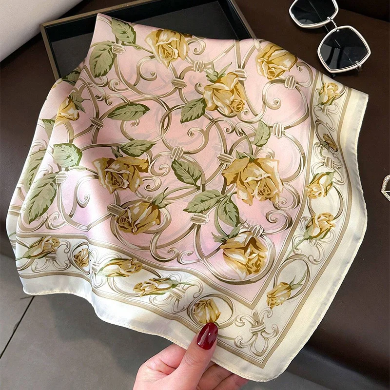 Fashion Flower Print Satin Square Silk Scarf for Women Hand Bag Wrist Wraps Lady Scarves Shawl 2024 Design Neckerchief Foulard