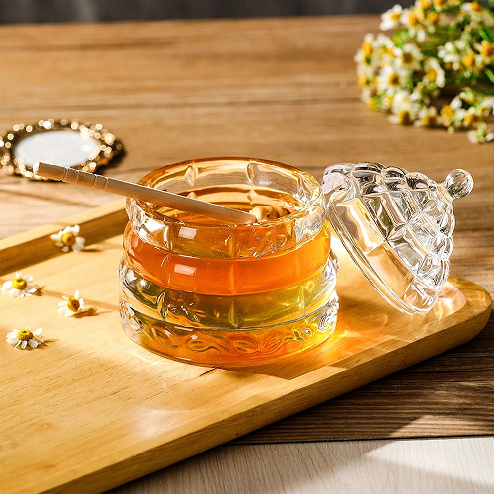 Glass Honey Jar Clear Glass Honey Pot with Dipper Lid Small Kitchen Storage Jar Container for Syrup Honey Dispenser for Honey