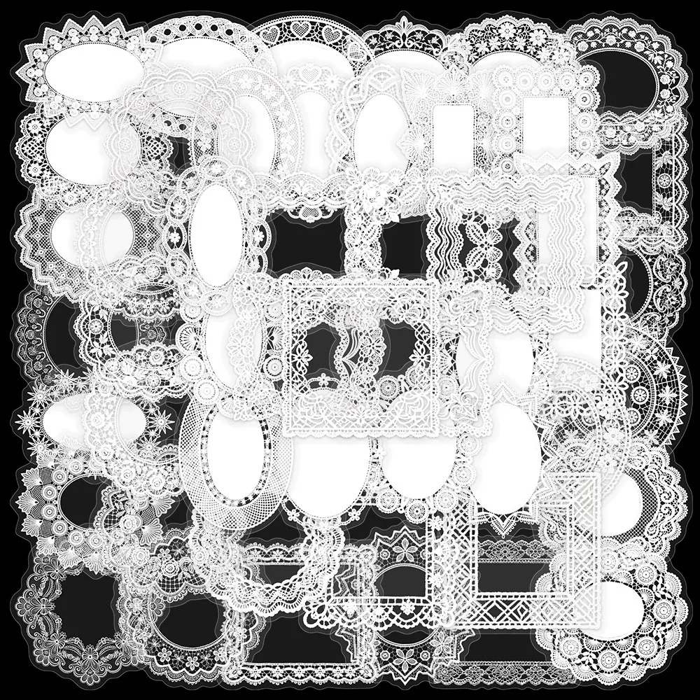 50Pcs White Lace Photo Frame Sticker Aesthetic Transparent Personalized Laptop Guitar Luggage Decals Supplies Stickers