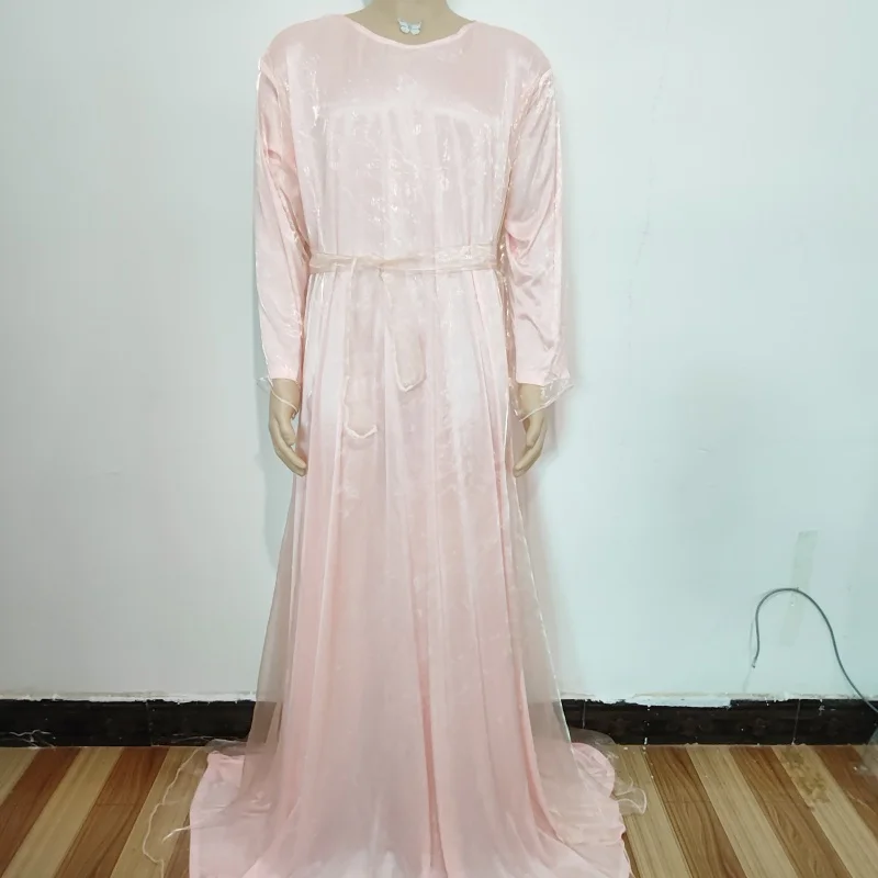 

Sexy Men Glossy Soft Double Layer Satin Tulle Long Dress pajama Women Long Sleeve Silky Loose Maxi Dress Plus Size Sleeping Robe