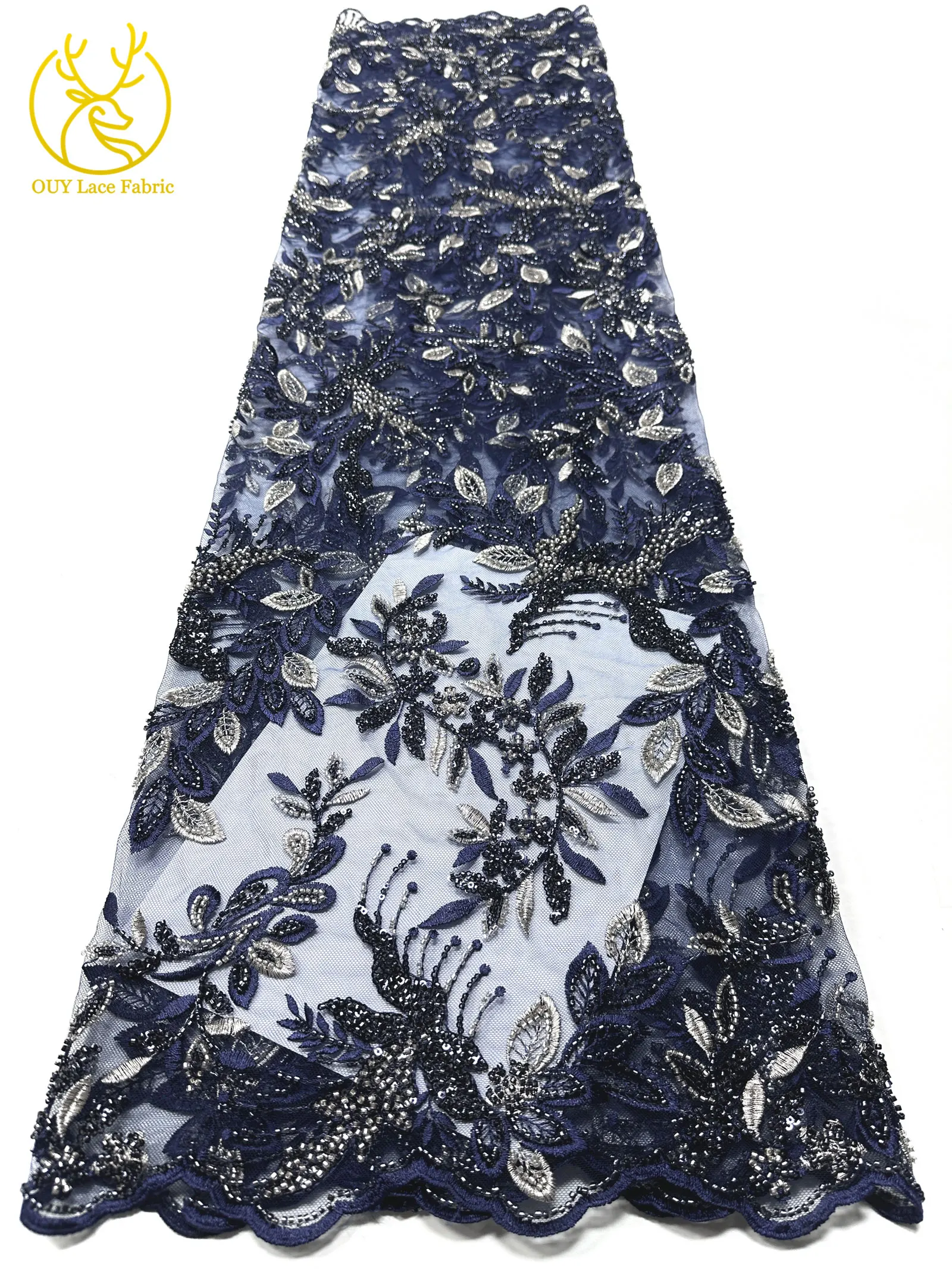 Eleganter afrikanischer Perlen-Stickerei-Spitzenstoff, 5 Yards, nigerianische französische Pailletten-Tüllspitze für Damen, Partykleid, DIY-Nähen – Detail 15