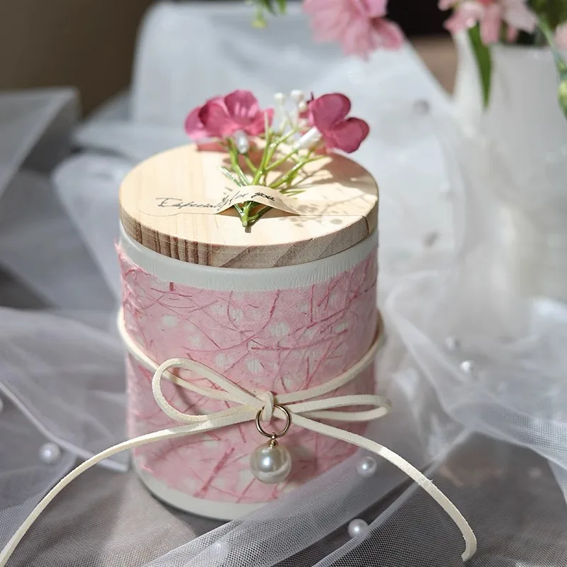 

10Pcs Cylindrical Wooden Cover Gift Box Pink Packaging Paper Boxes Candy Wedding Guest Party Favour Baby Shower Supplies