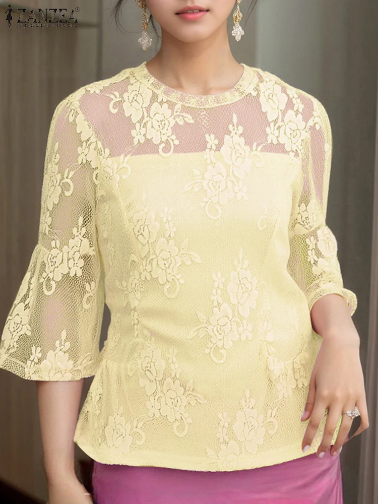 ZANZEA Vintage Lace Blouse Women Casual Loose Tops 2025 Seethrough Shirts Summer Beach Tops V-neck 3/4 Flare Sleeve Blusas