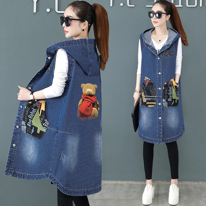Women Long Denim Vest Coat Spring Autumn Retro Big Pocket Hooded Sleeveless Jacket Large Size Female Jeans Windbreaker Waistcoat