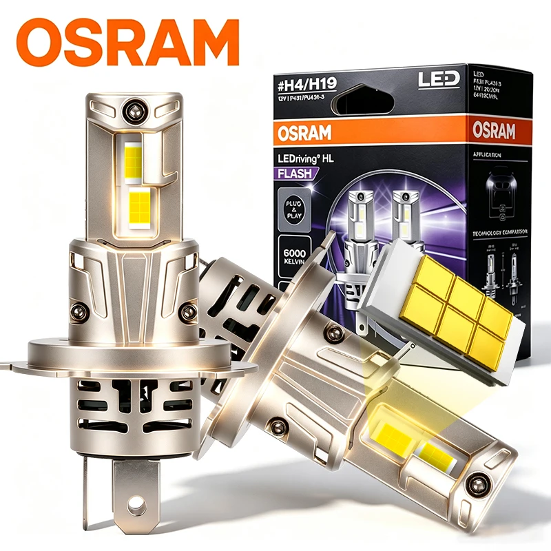 OSRAM Flash H4 Led Essential Moto Headlight High and Low Beam Wireless Motorcycle Lamp Led Bulbs 64193CW PX43t 6000K White 12V