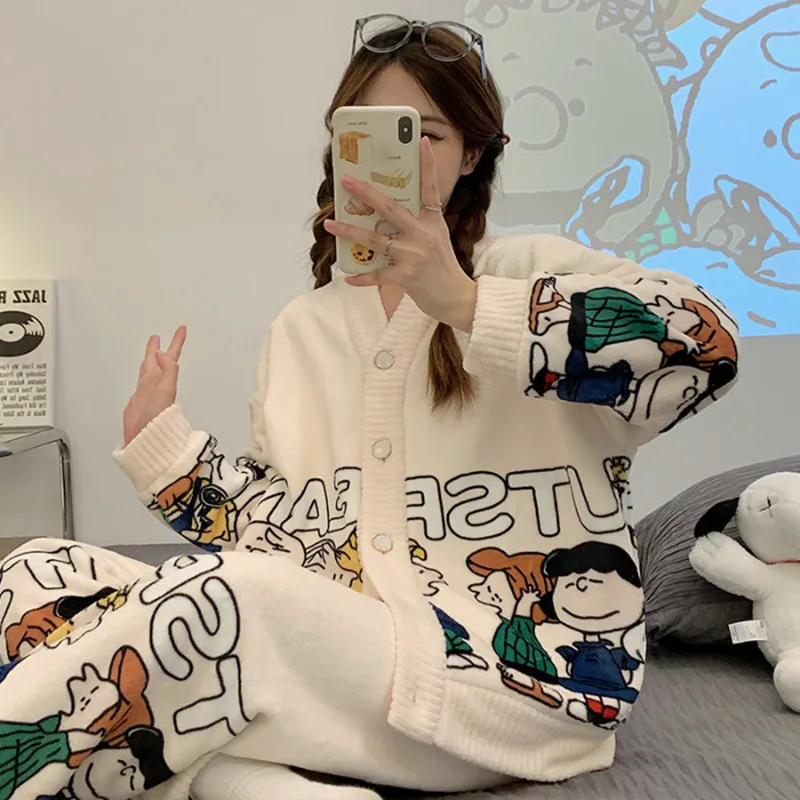 

warm coat Women Autumn and Winter Cardigan Coral Fleece sleepwear Snoopy Pajama Cartoon Cute Home cloth nightgown