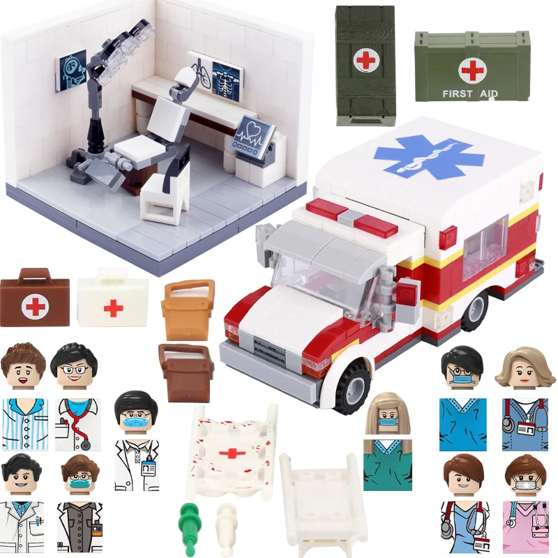 Traffic Car Model Ambulance Building Blocks City Automobile Bus Bricks Hospital Medical Room Doctor Figures Toys For Children