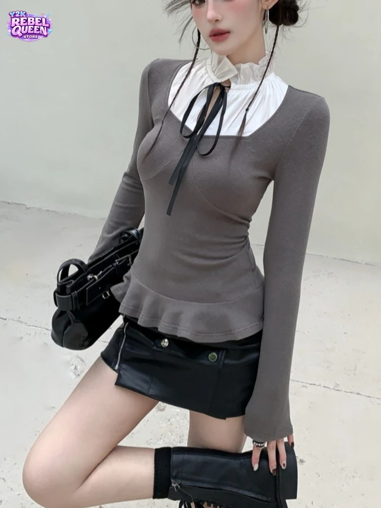 

Весенний повседневный топ для женщин: приталенный, с воротником-стойкой, на шнуровке, имитация двухслойности, с длинными рукавами и рюшами. Элегантная и модная популярная одежда.