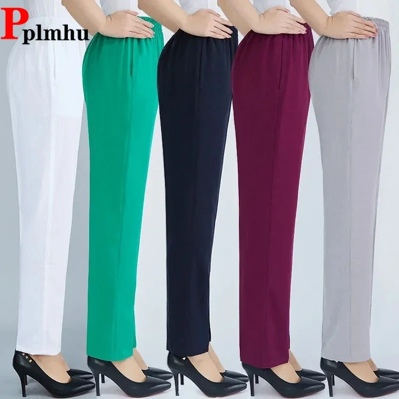 Mom's Elastic High Waist Straight Pants Basic Ankle Length Baggy Trousers Casual Capris Women Thin Summer Harem Pantalones