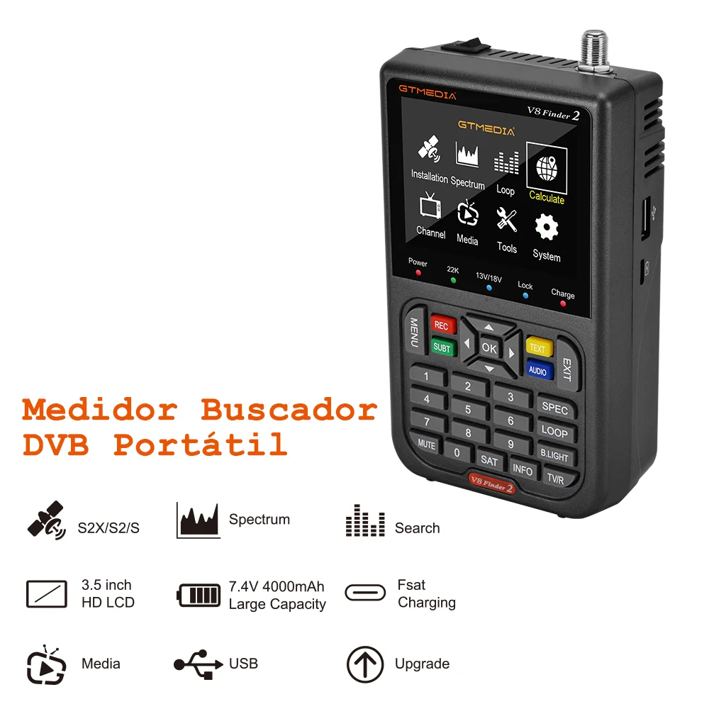 GTMEDIA V8 Finder 2 meters with bag and plug fast charging portable satellite signal Finder meter DVB-S/S2/S2X LCD display HD 1080P 3.5 inch 7.4V/4000mAh H.264 receiver digital TV Stock in Chile