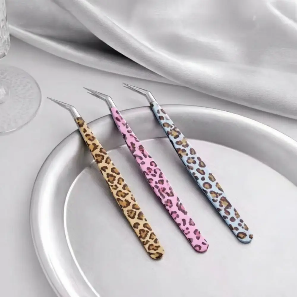 Stainless Steel Curved Stickers Tweezers Anti-static High Precision Lashes Extension Tweezer Leopard Print Eyelash Curler