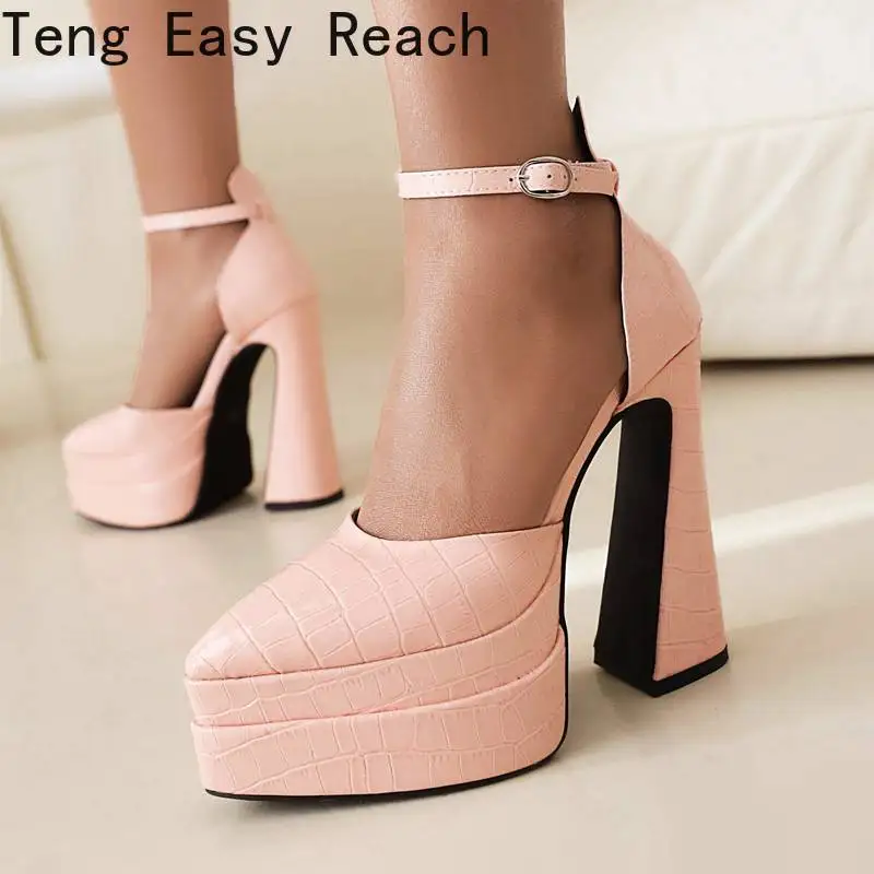 

2023 2024 2025 Женские туфли-лодочки с острым носком на массивном каблуке Ультравысокие туфли 14 см на двойной платформе 5 см с пряжкой и ремешком для вечеринок Большой размер 42 43