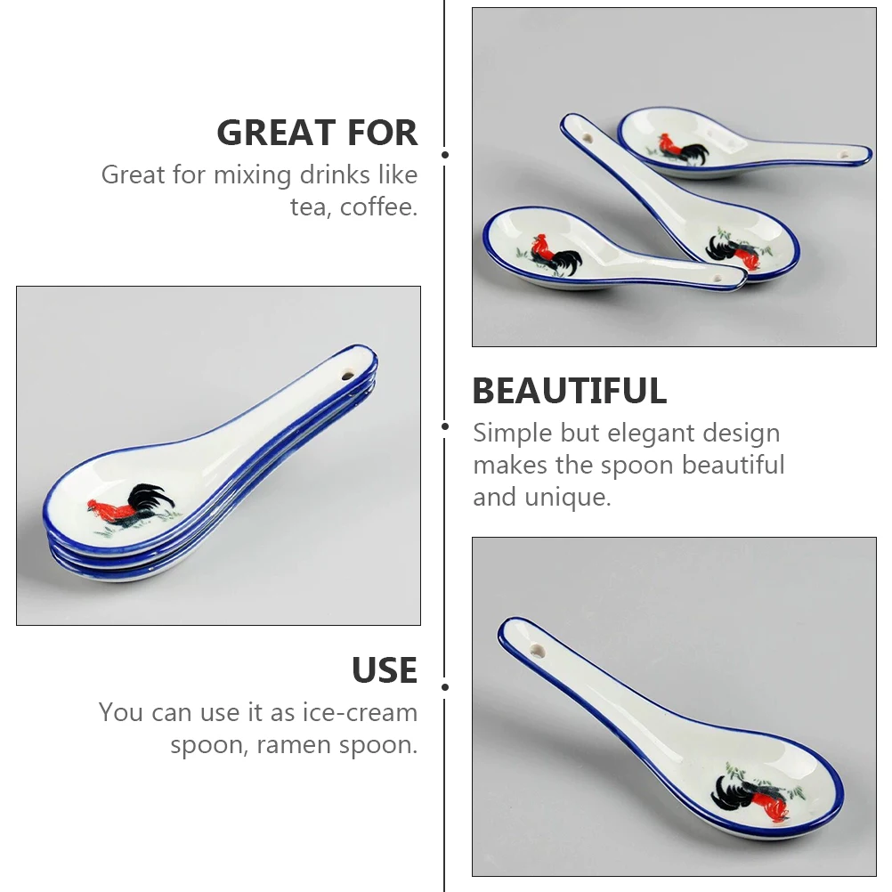 

6pcs Blue White Porcelain Soup Spoon Heat Resistant Tableware Perfect for Tea Coffee Ice Cream Ramen Dessert
