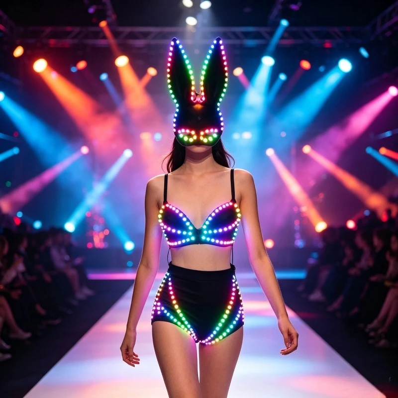 LED Glowing Women Lingerie Set Rave Outfit Gogo Luminous Bra & Panty Bunny Mask Nightclub Stage Halloween Cosplay Costume