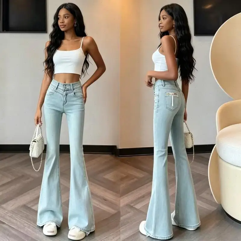 Bootcut Denim Jeans Women Vintage Washed High Waist Two Buttons Straight Trousers Bow Y2k Streetwear Work Casual summer 2026