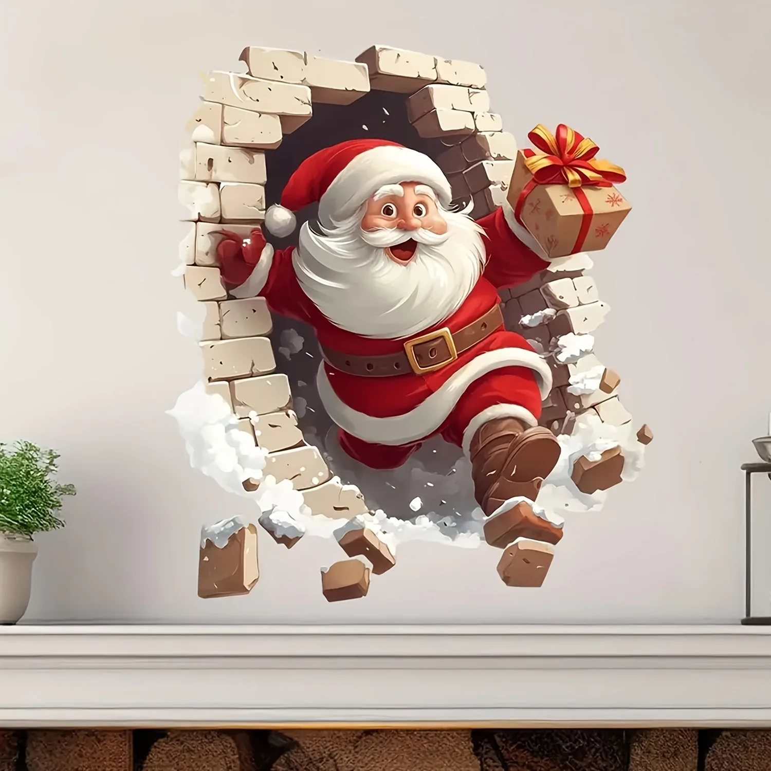 Weihnachtsmann-Weihnachts-Wandaufkleber mit Geschenk für Kinder, Babyzimmer, einzigartige Weihnachtsdekoration, abnehmbarer Vinyl-Aufkleber, brechende Ziegelwand