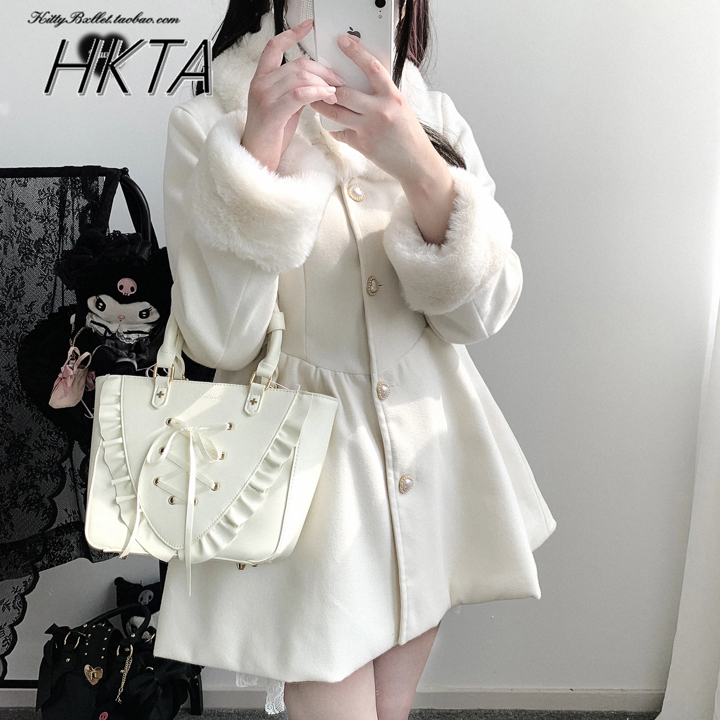 Original Japanese Sweet Imitation Woolen Coat Removable Fur Collar 2025 Winter Jacket Love Single-breasted Wool Overcoat Femlae