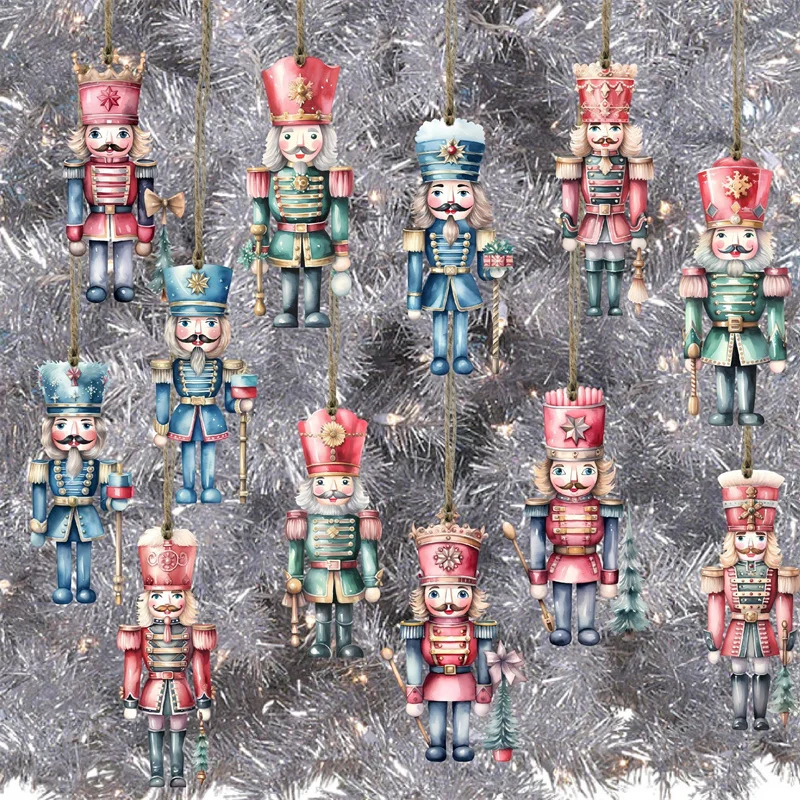 12 pezzi di schiaccianoci in legno soldato ciondolo in legno artigianale albero di Natale ornamento appeso decorazione natalizia per la casa regalo di Capodanno