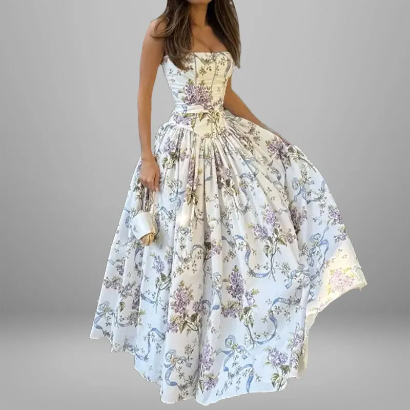 

2025 New Fashion Printed Ruffled Waistless Backless Ruffled Dress Women Summer Elegant And Fresh Floral Dresses For Women