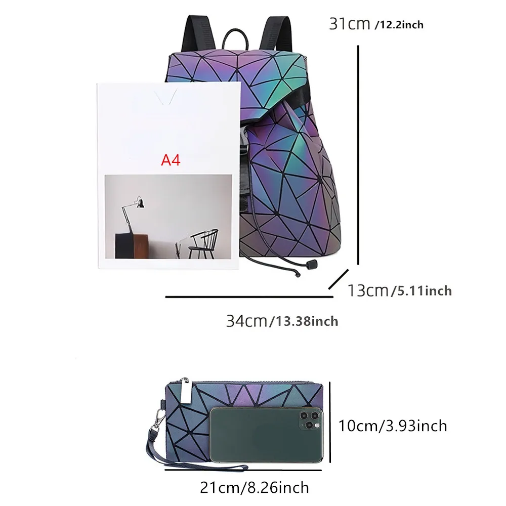 Casual Folding backpack for Men and Women,Holographic Laser Luminous Diamond Drawstring Shoulder Bag,Cool Fashion Travel Bag 2pc