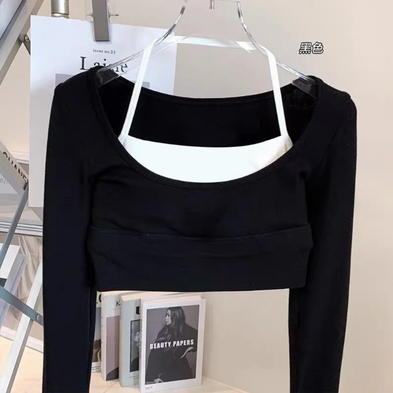 Damen Yoga-Top mit eckigem Ausschnitt, langen Ärmeln, integriertem BH, „Naked-Feeling“, Kontrastfarben, schmaler Passform, atmungsaktiv, Fitness-Workout-Crop-Top – Detail 11