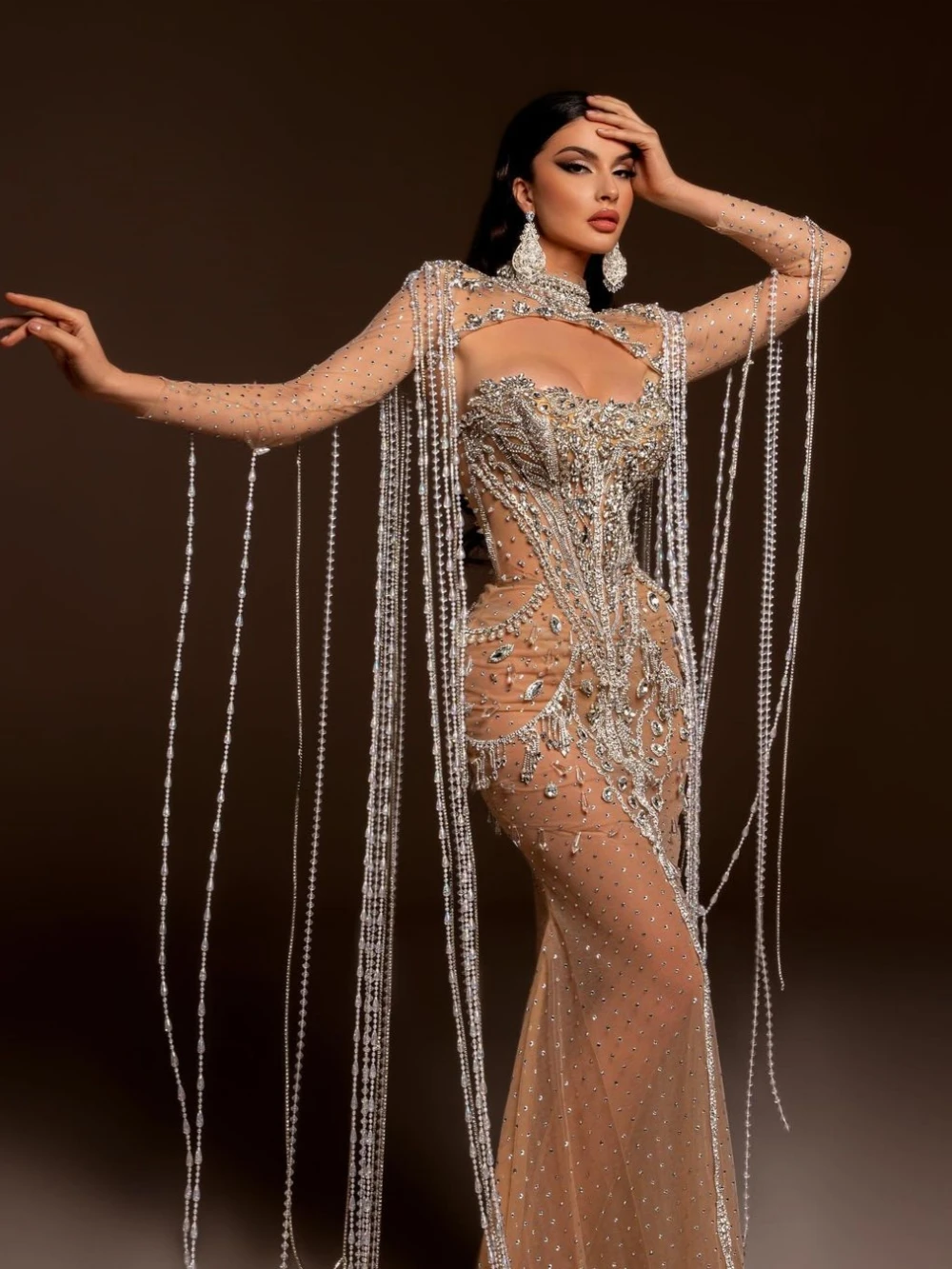 Shiny Beads Crystal Prom Gown Sexy Illusion Mermaid Long Cocktail Dresses Luxury Tassel Evening Dress Robe De Mariée