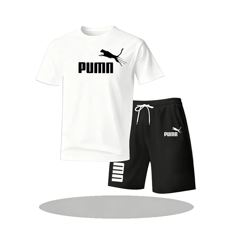 Summer fashion street short sleeved sports suit men's sports shirt set men's round neck short sleeved shorts sports suit 2-piece