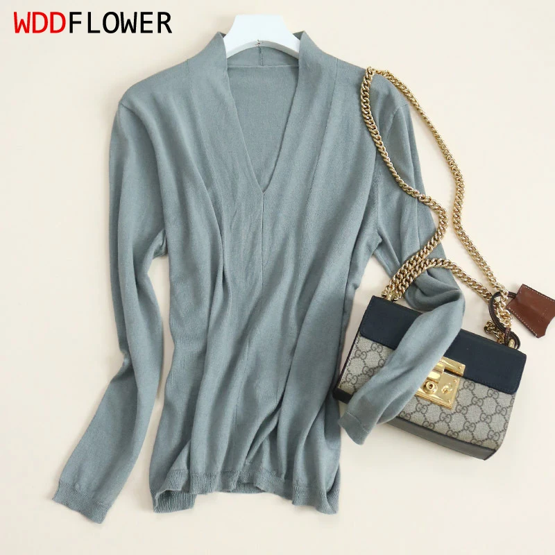 Sweter Damski 85% Jedwab 15% Kaszmir V Szyja Jednolite Kolory Codzienny Długi Rękaw Pullover Top Koszula Biuro Pani L XL XXL TA057