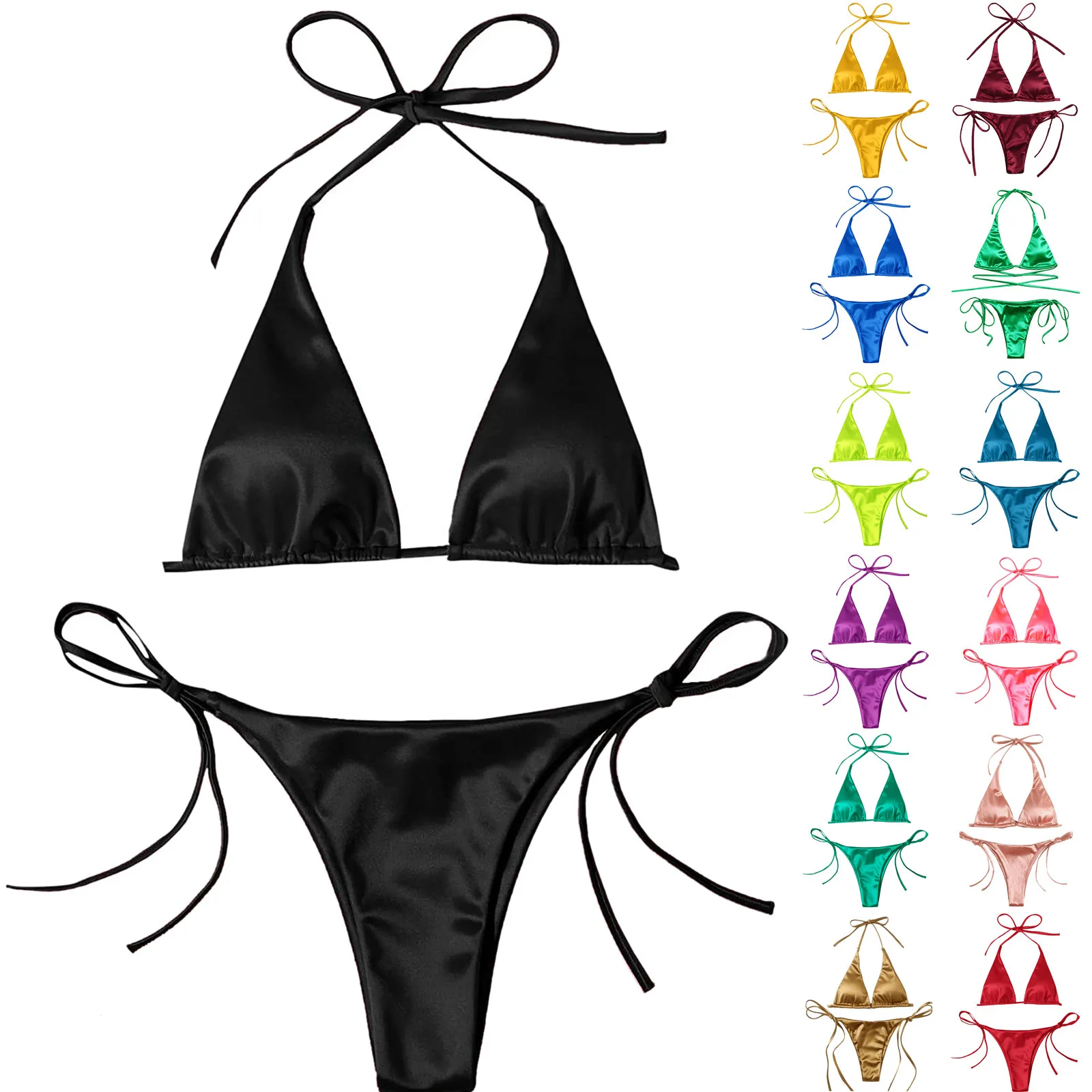 Sexy Solid Color Bikinis Swimwear Bathing Suits Summer Casual Beach Holiday Hanging Neck Tie Thong Swimwear Bikini Two Piece Set