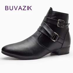Men's Black Ankle Boots Pointed Toe Double Buckle Strap Faux Leather Chelsea Boots British Style Business Casual Dress Shoes