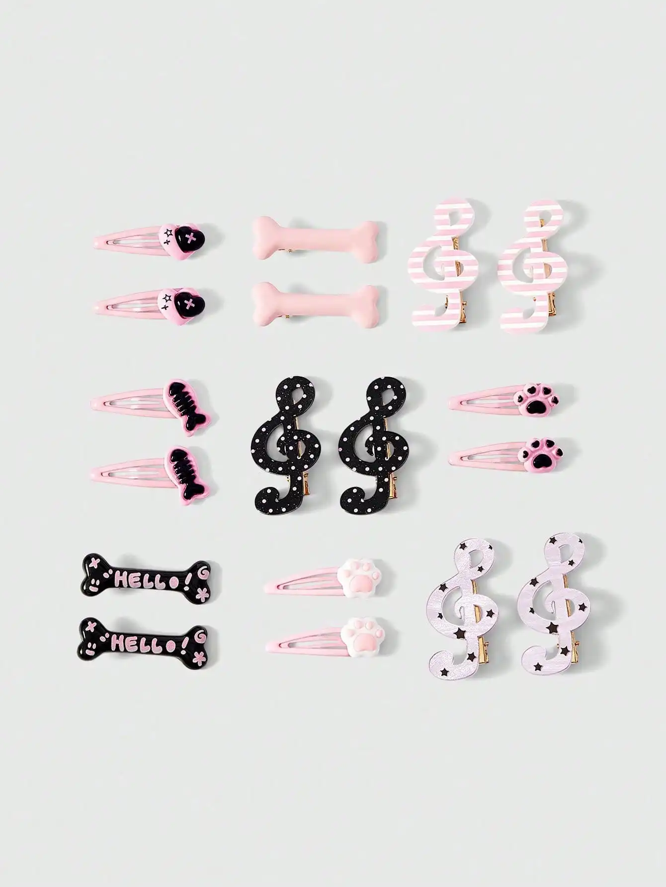 

ROMWE Kawaii 18-Piece Cute Style Black And Pink Hairpins, Handmade Wing Notes Polka Dots Stars Fish Bones Love Cat Paw Hairclips