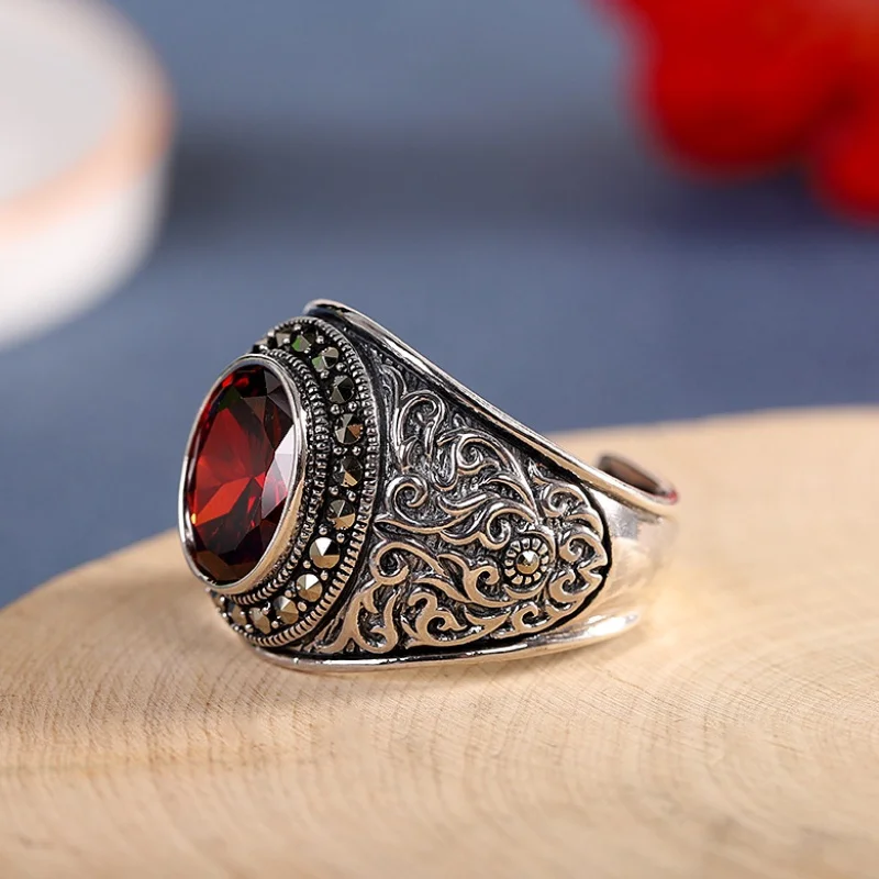 BOCAI S925 Sterling Silver Rings for Men Women Palace Style Eternal Rattan Pattern Inlaid Garnet Fashion Jewelry Wholesale