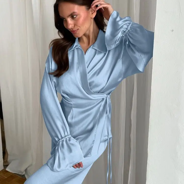 Design Sense Long Sleeve Wrap Top Waist Fashion Trousers Wide Leg Fashion Casual Suit Niche 2026 Autumn