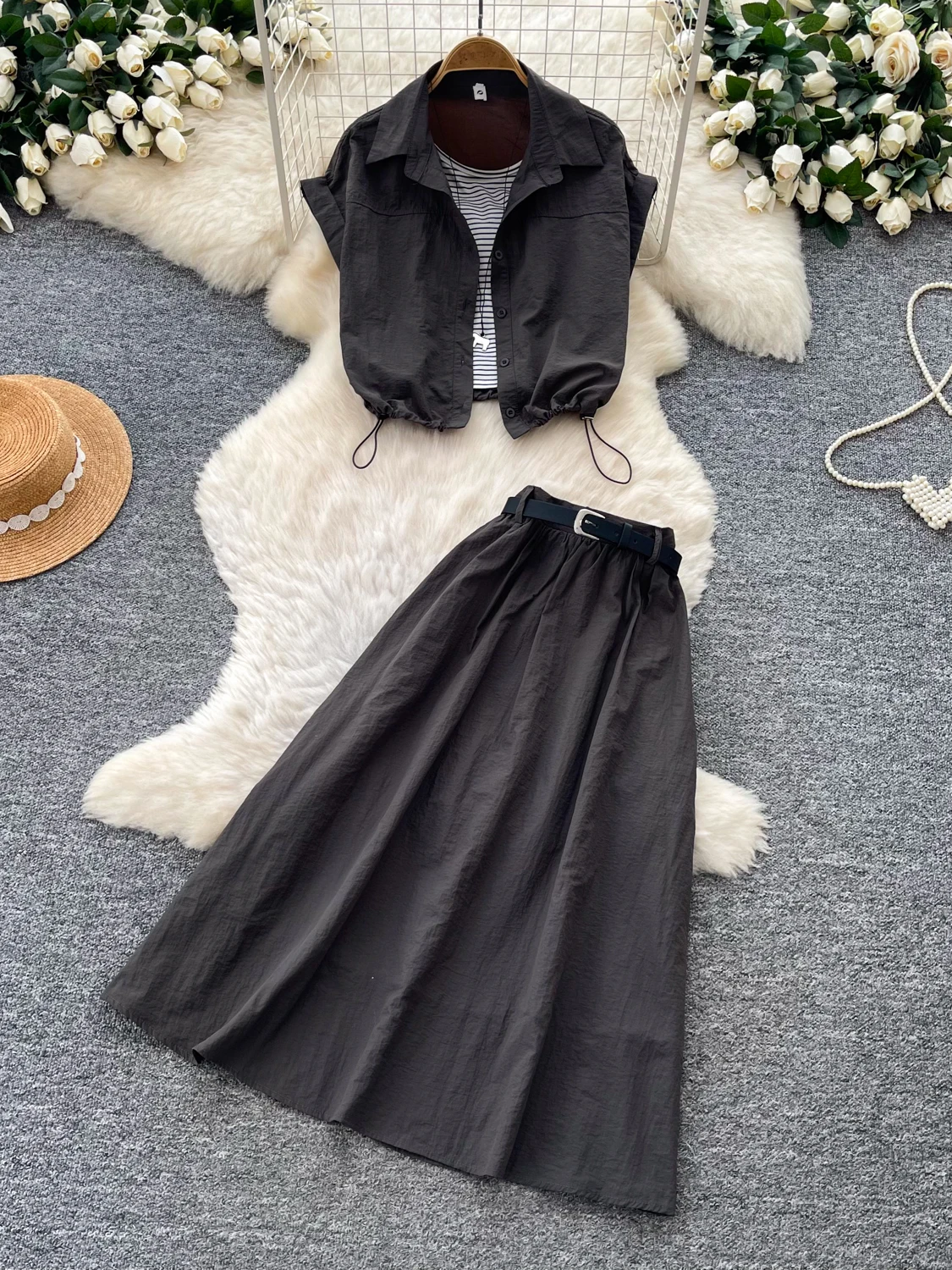

Korean Commuter Style Slimming High Waist A-Line Skirt And Vest Two-Piece Women's Summer Fashion Set Elegant And Youthful