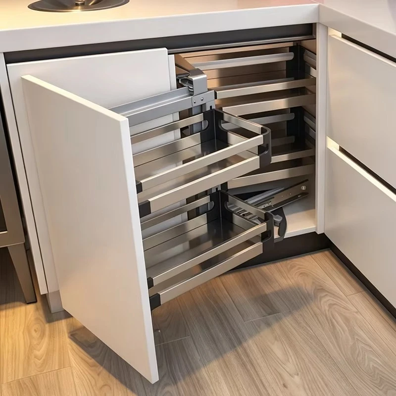 Flat wire stainless steel shock absorber corner pull basket kitchen cabinet space saving soft closing rotating storage rack
