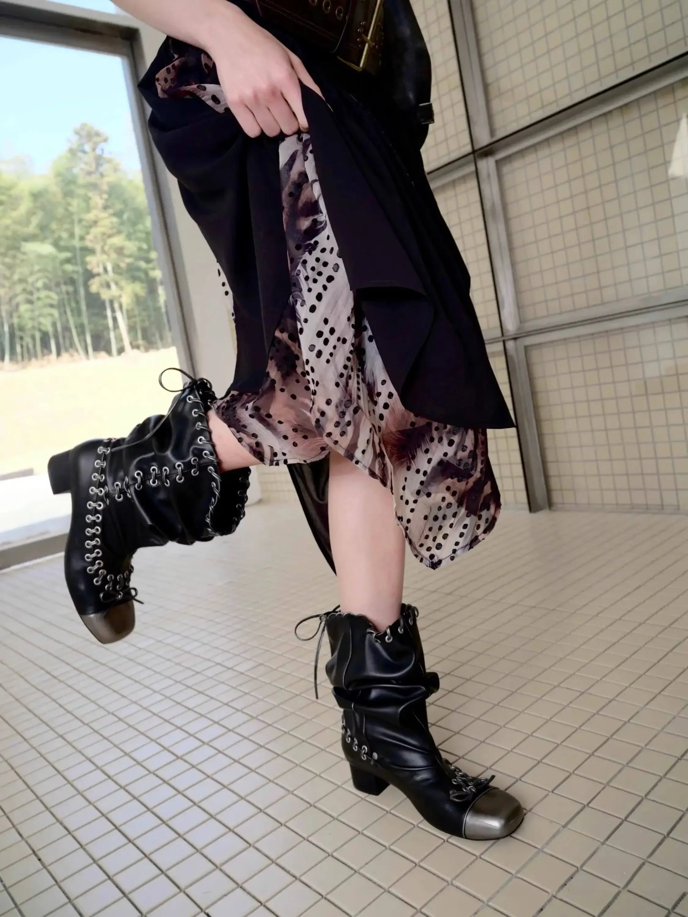 Korean Style Square Head Bow Knot Pleated Fashion Boots Retro Large Tube Thick Heel Punk Style Mid-Calf Boots for Women