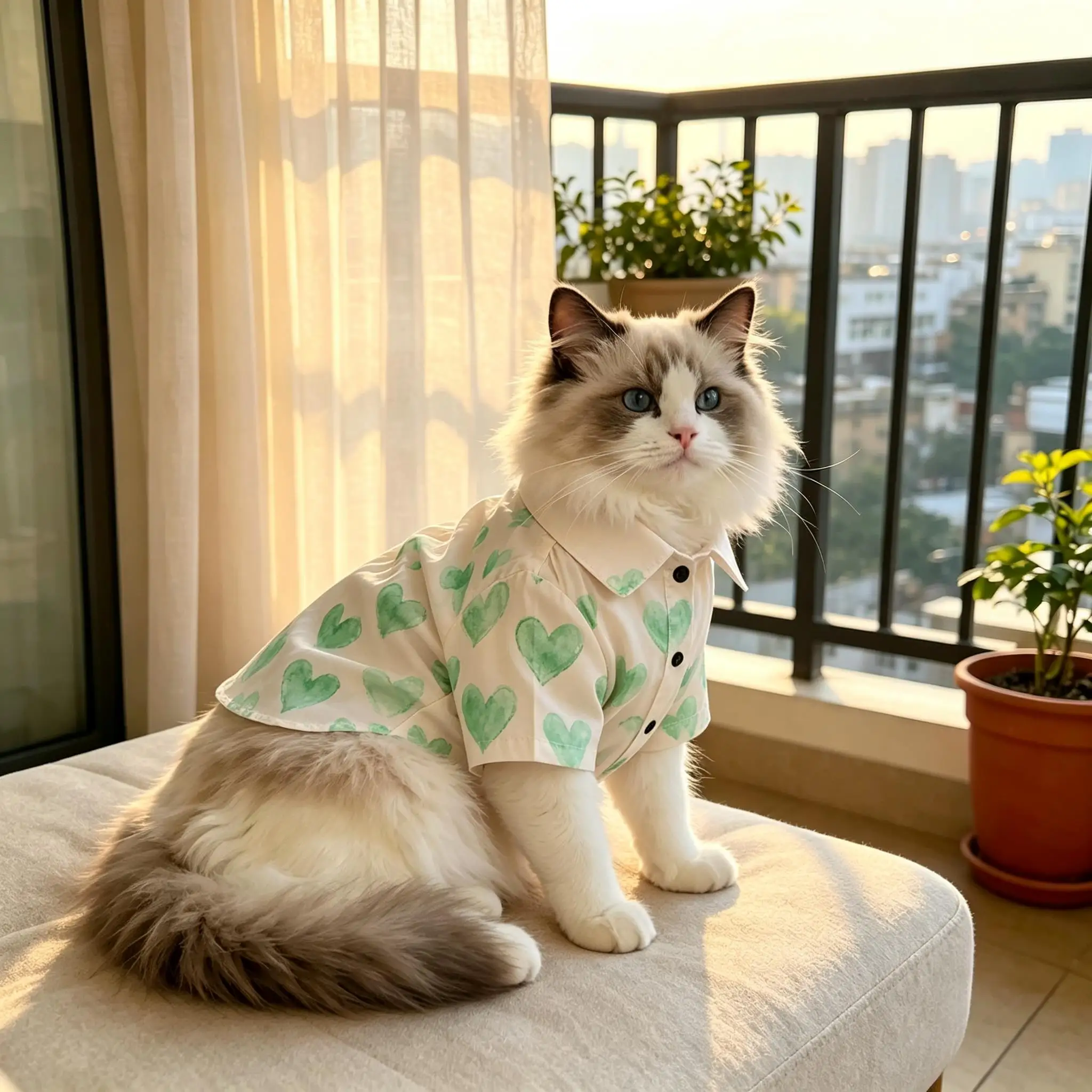 Pet Cat Shirt Beige Green Heart Print Lightweight Button Up for Small Medium Cats Cute Sweet Theme Daily Wear