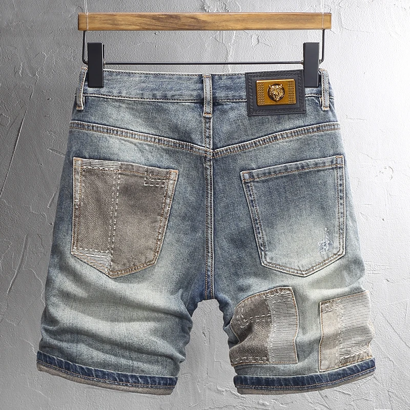 Fashionable Summer Men's Jeans Vintage Washed Blue Elastic Slim Fit Split Jeans Shorts Panel Designer Vintage Shorts