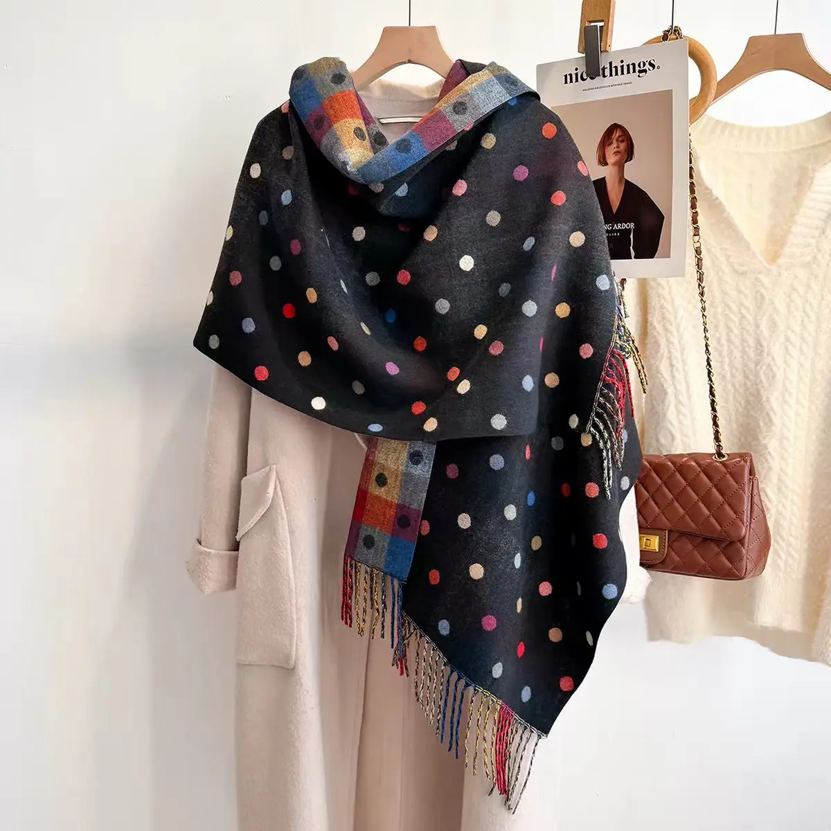 Polka Dot Pashmina Tassels Shawl Scarf For Woman Man Autumn Winter Warm Scarves Fashion Long Wrap Solid Imitation Cashmere Scarf