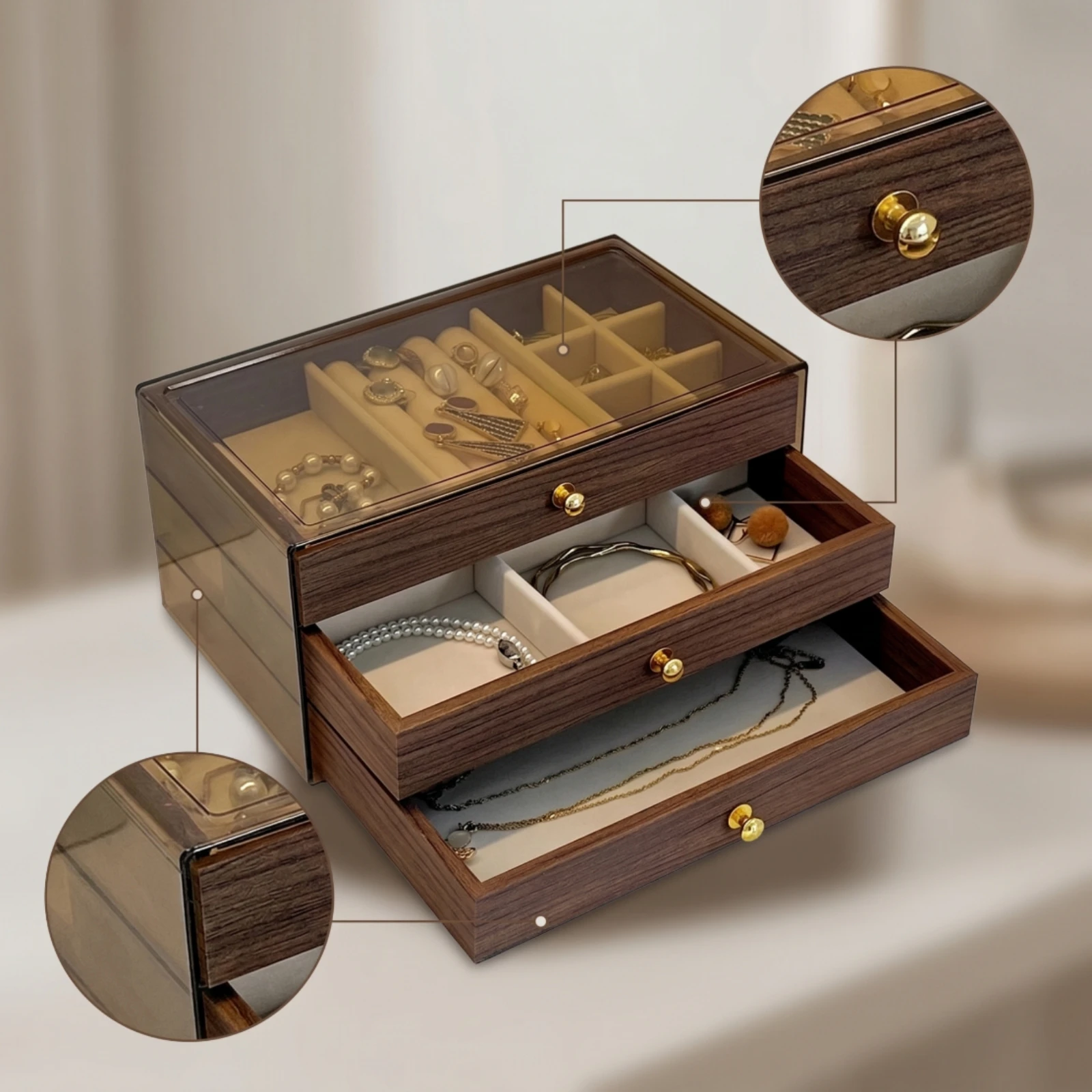 Jewelry Box with Drawers 3-Drawer Jewelry Box with Glass Lid Compact Clear for Women, Dresser, Vanity