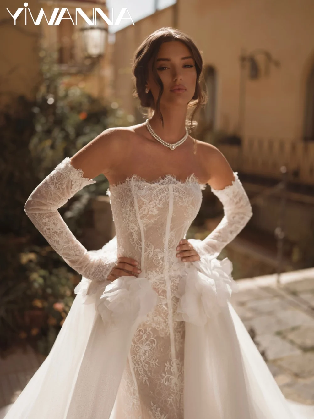 Dreamy 3D Floral Lace Wedding Dress With Overskirt  Detachable Sleeve Beaded Bridal Gown Customized Mermaid Dresses For Bride