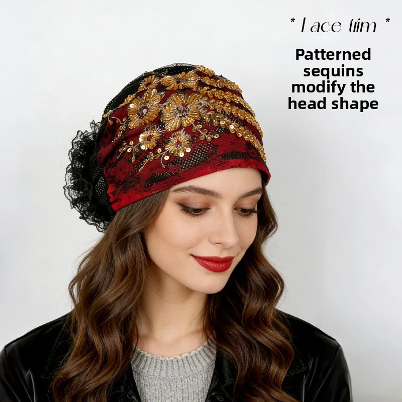 Fashionable Phoenix Tail Patchwork Headscarf Turban Hat for Women Mother Hat with Sequins Lace Covering White Hair