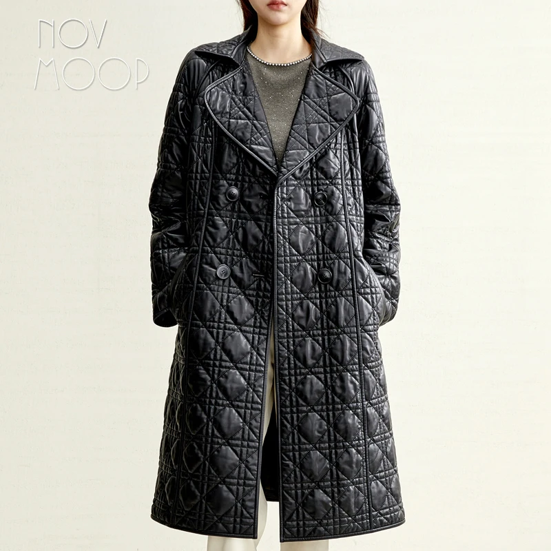 Novmoop luxurious sheepskin genuine leather quilted women long coat solid black formal chic top grade winter overcoat LT3582