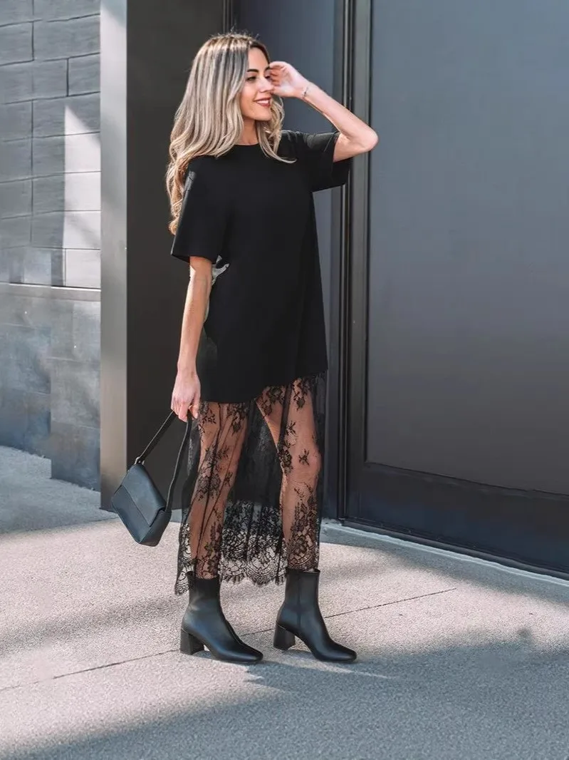 

Летнее женское платье с кружевными вставками, свободного кроя, с коротким рукавом, из трикотажного полиэстера, длинное макси-платье для женщин.