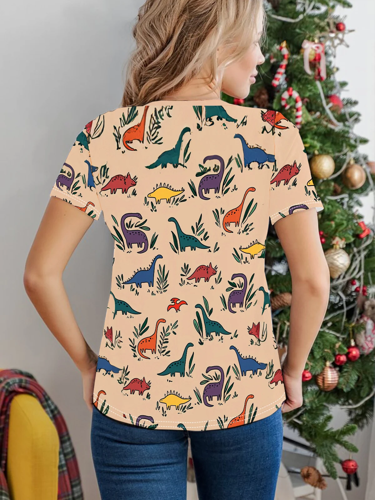 Dinosaur print Print Crew Neck T-Shirt Casual Short Sleeve Top For Spring & Summer Women\'s Clothing