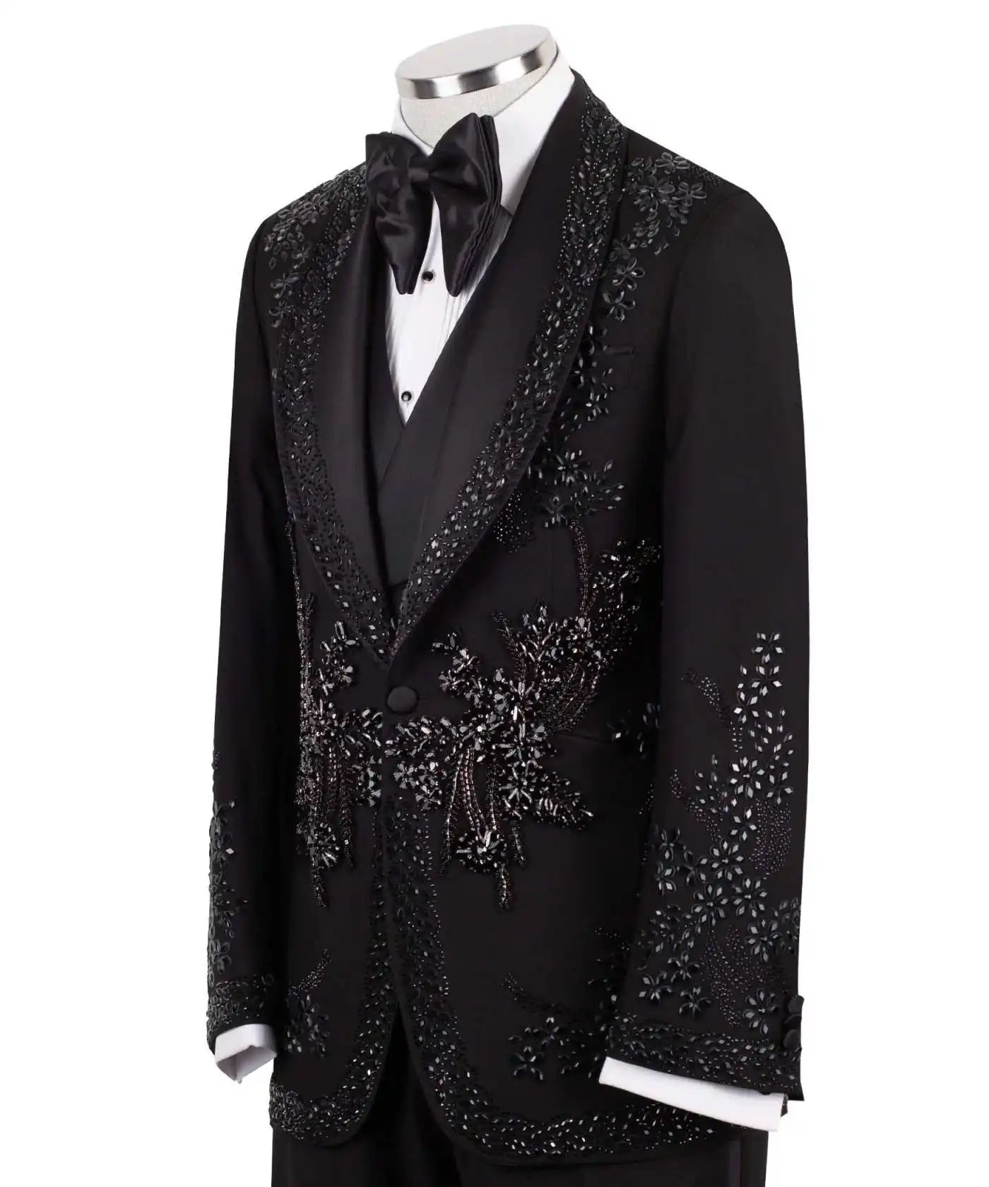 Exquisite Wedding Tuxedos 2 Piece Set Beaded Crystal Men Suit Fashion Shawl Lapel Jacket Pants Evening Blazers Party Customized