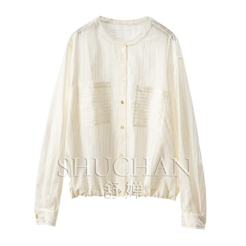 

New High Style Silk Cotton Gold Silk Vertical Jacquard Shirt Jacket Women 05E4 Blusas Mujer De Moda 2025