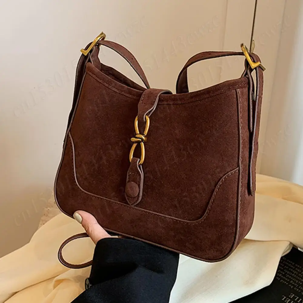 

Faux Suede Shoulder Bag Trendy Tote Handbag Crossbody Bag Retro Satchel Bag Solid Color Adjustable Strap Simple Commuting Bag