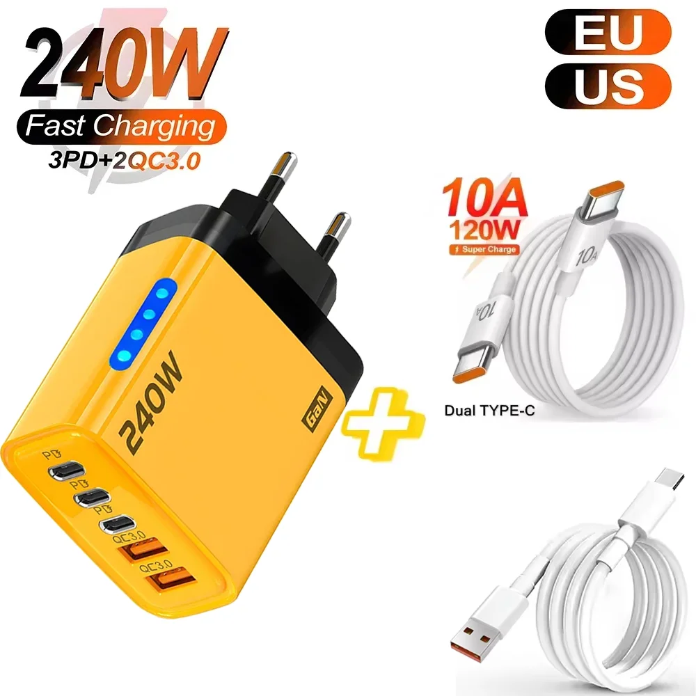 

Total 240W 5 Ports Charger Quick Charge Adapter Type C USB Phone Charger Fast Charging 10A Quike Cord For iPhone Samsung Xiaomi