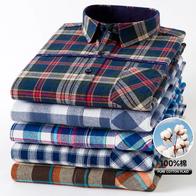 Mens Plaid Washed Brushed Long Sleeve Shirts Easy Care Comfortable Casual 100% Cotton Fashion Slim Fit Button Down Shirts Clothe